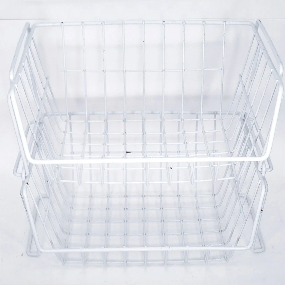 White Wire Stacking Baskets Set 2 Heavy Duty Metal Storage Organizer 18x13x8in